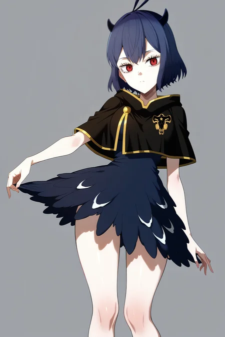 sharp focus, pixiv masterpiece, source_anime, score_9, score_8_up, score_7_up, absurd res, high res, BREAK
Secre_Swall0wtail_XL, 1girl, solo, <lora:Secre_Swallowtail_Illustrious_v53-000017:1> , dark-blue hair, red eyes, (short_blackbull-cape:1), simple background, white background, dark_blue_sleeveless_dress, cowboy shot, small breasts, legs, holding skirt