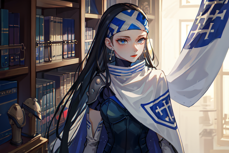 highly insanely detailed, masterpiece, top quality, best quality, highres, 4k, 8k, RAW photo, (very aesthetic, beautiful and aesthetic),  
beth_\(megami_tensei\),bethsmtii,shin megami tensei ii,long hair,black hair,straight hair,sleek black,jewelry,cross,headband,red_lipstick,white cape,cape_with_messian_symbol,Religious_cape,messian_symbol_cape,holy_knight_cape,messian_cross_earrings,cross_earrings,religious_earrings,messian_symbol_jewelry,bandana_with_messian_symbol,Religious_bandana,symbol_headband,messian_church_bandana,Blue_dress,armored_corset,blue shirt,katana,sword, 
<lora:zs_Beth:1>, 
(1girl:1.3), 1other, 
Study,Quiet room with low seating cushions,scroll-filled shelves lining the walls,a small writing desk with ink pots and papyrus scrolls,intricate woven rugs,and decorative hieroglyphic carvings,beige background,âââ