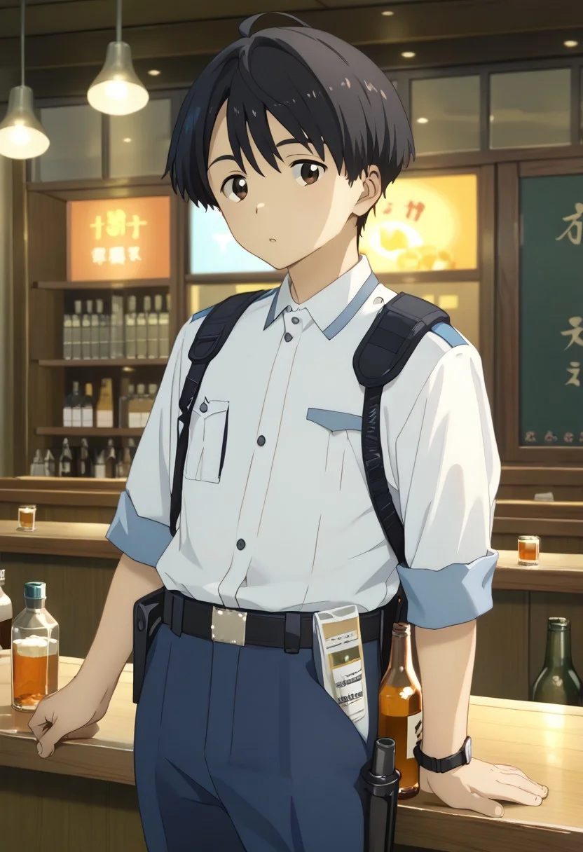 score_9, score_8_up, score_7_up, zPDXL2, 
,
kazuhiko nukumizu, black hair, brown eyes, male Japanese Summer Police Uniform,light-blue collared shirt, rank slides,hip holster,Club