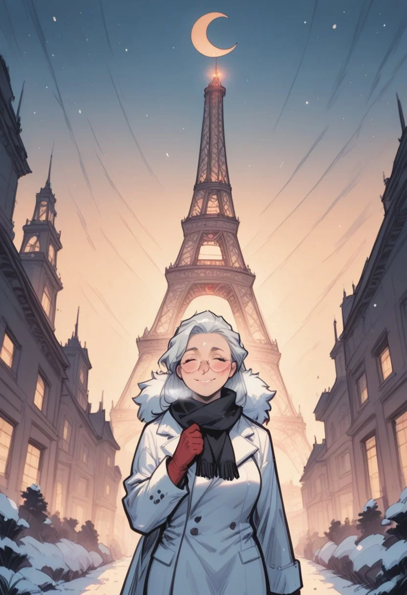 commix style, zPDXL3, PnyCmicXLPOS, score_9, score_8_up, score_7_up, masterpiece, best quality, absurdres, vibrant, highly detailed, very aesthetic, full front, from below, mature, stunning, 1girl, solo, saihoutakenoue, long hair, fluffy black scarf, long white winter coat, red gloves, fluffy gloves, glasses, standing, (cold, flushed cheeks, red nose, breathing effects:1.2), closed eyes, smile, teeth, hands on scarf, adjussting scarf, outdoors, night, snowing, Paris, (Eiffel Tower:1.2), Champ-de-Mars, city lights, (crescent moon:1.4)