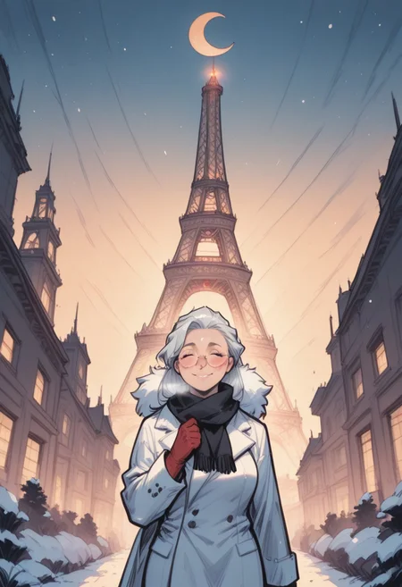 commix style, zPDXL3, PnyCmicXLPOS, score_9, score_8_up, score_7_up, masterpiece, best quality, absurdres, vibrant, highly detailed, very aesthetic, full front, from below, mature, stunning, 1girl, solo, saihoutakenoue, long hair, fluffy black scarf, long white winter coat, red gloves, fluffy gloves, glasses, standing, (cold, flushed cheeks, red nose, breathing effects:1.2), closed eyes, smile, teeth, hands on scarf, adjussting scarf, outdoors, night, snowing, Paris, (Eiffel Tower:1.2), Champ-de-Mars, city lights, (crescent moon:1.4)