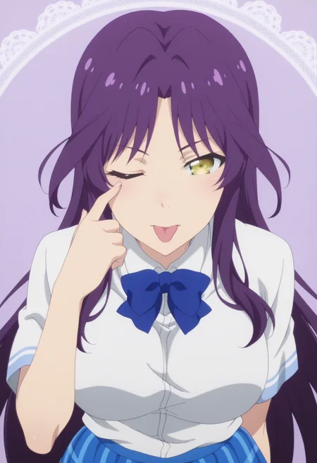 anime screencap, anime coloring, <lora:DX888Kyou:1> goshouin kyou, yellow eyes, purple hair, very long hair, parted bangs BREAK school uniform, white shirt, blue bowtie, plaid skirt, blue skirt BREAK simple background, purple background, lace background, BREAK 1girl, akanbe, eyelid pull, hand up, looking at viewer, one eye closed, portrait, solo, tongue out, upper body,