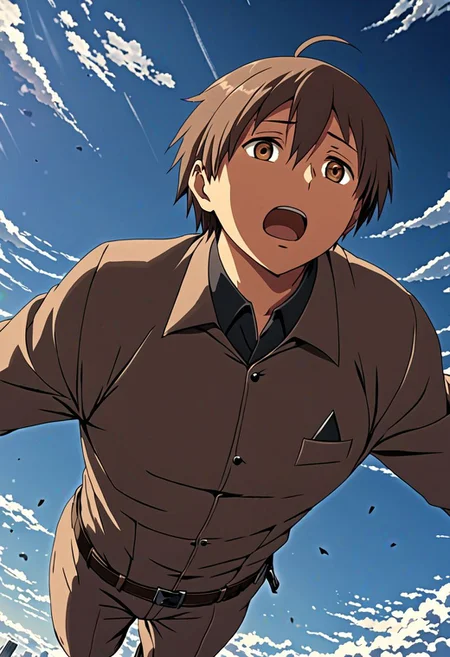high resolution, solo, best quality, 1Boy, Takaki Toono, Brownish Hair, Brown Eyes, free fall, sky , OverallDetail