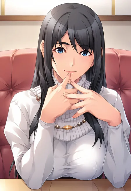 score_9, score_8_up, score_7_up, score_6_up, score_5_up, score_4_up, masterpiece, source_anime, 1girl, c nanami, long hair, large breasts, black hair, blue eyes, white turtleneck sweater, puffy long sleeves, (red miniskirt), untucked shirt, jewelry, indoors, looking at viewer, upper body, hand up, collarbone, leaning forward, light smile, arm support,