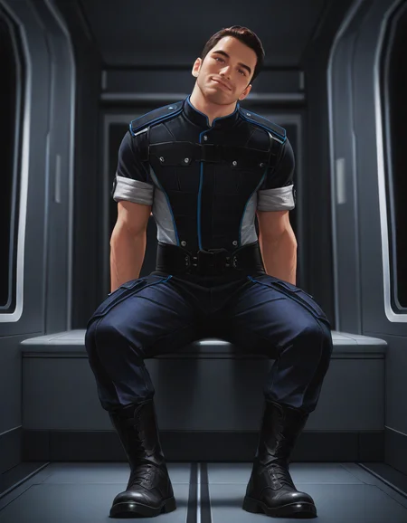 masterpiece, best quality, newest, perfect quality, best quality, detailed background, intricate details, male focus, solo, realistic, <lora:Mass Effect - Kaidan Alenko - Illustrious-000006:0.7>, mekalenko, 1boy, dark brown hair, short hair, thick stubble, brown eyes, looking at viewer, contrapposto, spacecraft interior, uniform shirt, sleeves rolled up, uniform belt, uniform pants, uniform boots, full body, head tilt towards viewer, smirk, sitting, hallway