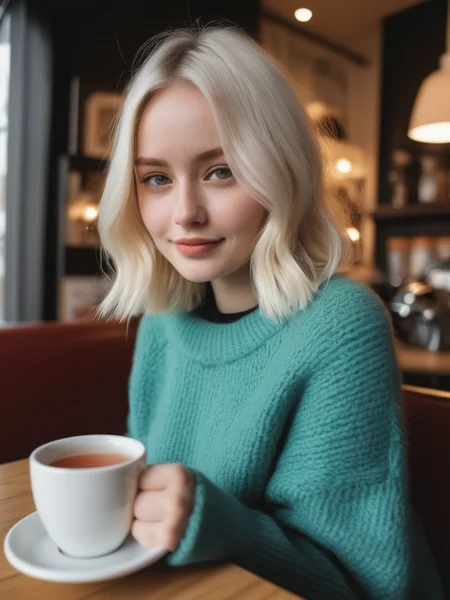 Dramatic photograph of Charlotte_Davis_P_MXAI_SDXL , wearing a cozy sweater, sitting in a cafe, holding a cup of steaming tea, flirty expression,