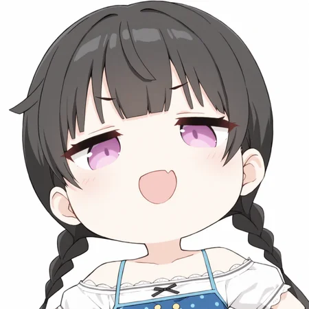 masterpiece,best quality,newest,absurdres,highres,1girl,no nose,solo,mutsuki face \(blue archive\),portrait,chibi,<lora:mutsukifacebaillusxl:0.8>,
white background,simple background,
smug,jitome,:d,skin fang,looking down,
hands on own hips,
BREAK <lora:Momohara_Natsuki_Set1_illuV01_b3g2c08:1>,NatsukiSet1,black hair,long hair,twin braids,blunt bangs,purple eyes,bare shoulders,white off-shoulder blouse,lace-trimmed blouse,black cross ribbon,puffy short sleeves,blue polka dot short dress,yellow buttons,