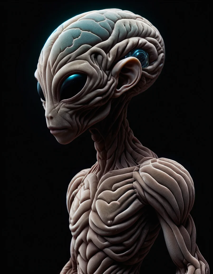 profile view, side view, hyper realistic photograph of a bizarre biomorphic alien creature with a huge transparent forehead revealing the luminous alien brain structure, extremely clear glowing eyes, by Petros Afshar and John Atkinson Grimshaw, (intricate , iconic , masterful:1.4), medium full shot, poster art, bold lines, hyper detailed, expressive, award winning, dark limited color palette, high contrast, depth of field, (intricate details, masterpiece, best quality:1.4), spot lighting, looking at viewer, dynamic pose, wide angle view <lora:ral-rdvlv:1> ral-rdvlv