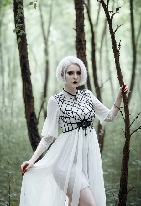depth of field, fantasy photoshoot, photo, professional photoshoot,
1girl, ghost, tall, pale skin, themes of fabric and blood,
short hair, white dress, gothic jewelry, white hair,
summer forest, branches in foreground, blurry foreground, trees in background,
realistic, blurry