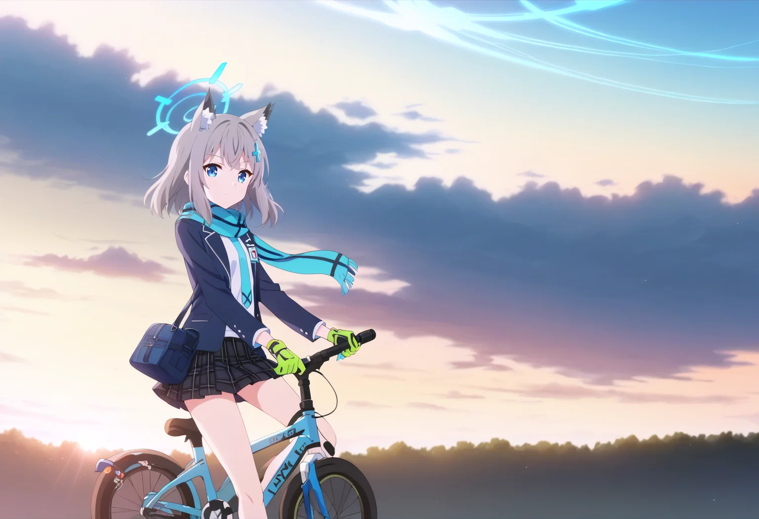 score_9, score_8_up, score_7_up, score_6_up, score_5_up, score_4_up,
gradient background,
refraction, caustics, rim lights, backlighting, bloom,
BREAK
1girl, solo, looking at viewer, blue eyes, shirt, skirt, long sleeves, hair ornament, gloves, animal ears, jacket, school uniform, white shirt, grey hair, weapon, outdoors, pleated skirt, open clothes, necktie, sky, medium hair, cloud, bag, scarf, open jacket, halo, blue sky, animal ear fluff, gun, plaid, plaid skirt, wolf ears, blue jacket, blazer, extra ears, rifle, blue necktie, single glove, assault rifle, riding, blue scarf, green gloves, cross hair ornament, mismatched pupils, bicycle, sig sauer, bangs, closed mouth, day, ground vehicle, striped scarf
<lora:Blue_Archive-v1c-PDXL:1>