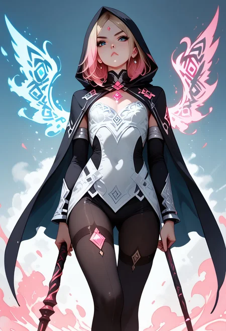 score_9, score_8_up, score_7_up, score_6_up, score_5_up, score_4_up, 1girl,Expressiveh, runemagic, Keith, KeithRH, nordic girl, very pale skin, long blonde hair, gradient pink hair, parted bangs, blue eyes, slim, small breasts, almost flat chest, perfect ass, serious face, magic ritual, black cape, hood, rune magic, magic aura, dark atmosphere, fantasy scenario, witch, sorceress, jewels, shiny, glowing gems, front view, full body shot, perspective, low angle view, dynamic angle, holding a magic staff, action pose magic wings