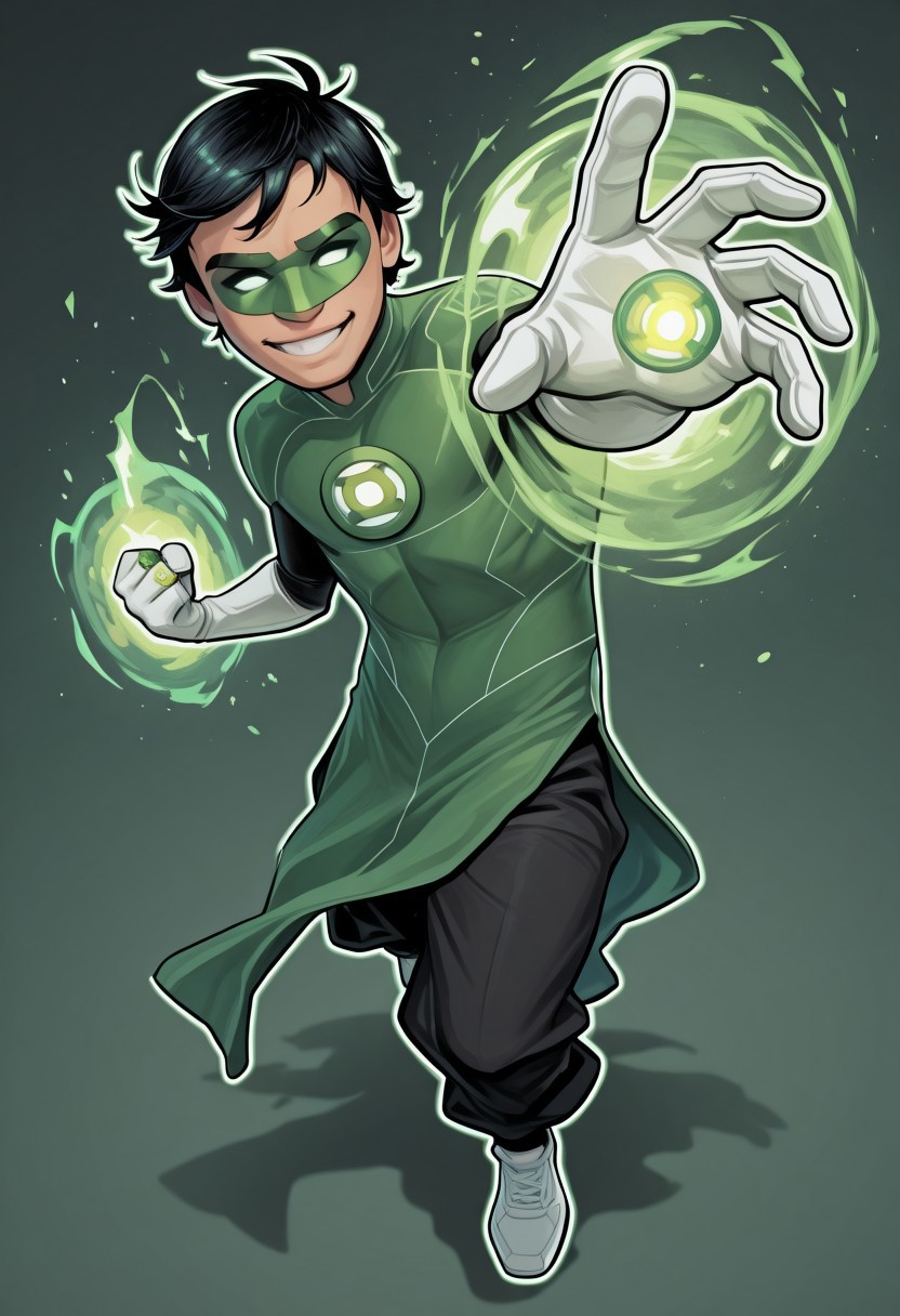 masterpiece, absurdres, high quality, perfect anatomy, 1boy, solo, cute boy, male focus, TaiPham, Black Hair, Green Lantern Ring, Green Lantern Costume, Green and Black Bodysuit, Green Domino Mask, White Eyes, White Gloves, Pelvic Curtain, Black Pants, White Shoes, Glowing Green Outline, Green Energy Aura, floating, levitating, big smile, cinematic, intricately detailed illustration, depth of field, masterpiece, best quality, amazing quality, very aesthetic, absurdres, newest, very awa,  shadow, dynamic angle, casual cosplay, dynamic pose, simple background, green theme, Arwe, Dynamism, Foreshortening