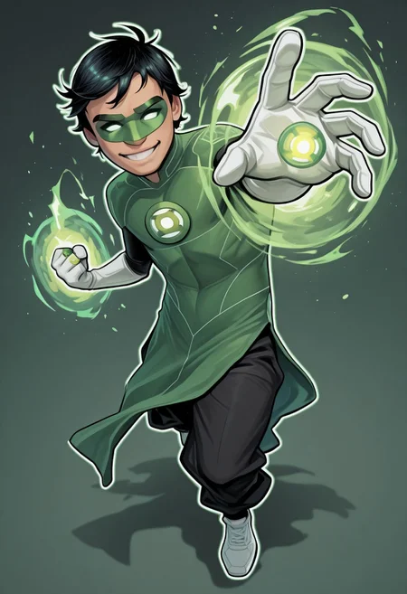 masterpiece, absurdres, high quality, perfect anatomy, 1boy, solo, cute boy, male focus, TaiPham, Black Hair, Green Lantern Ring, Green Lantern Costume, Green and Black Bodysuit, Green Domino Mask, White Eyes, White Gloves, Pelvic Curtain, Black Pants, White Shoes, Glowing Green Outline, Green Energy Aura, floating, levitating, big smile, cinematic, intricately detailed illustration, depth of field, masterpiece, best quality, amazing quality, very aesthetic, absurdres, newest, very awa,  shadow, dynamic angle, casual cosplay, dynamic pose, simple background, green theme, Arwe, Dynamism, Foreshortening