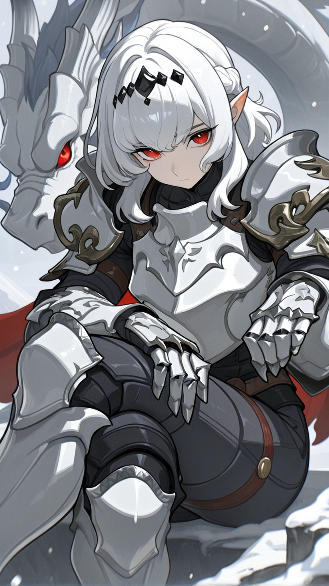 1girl, solo, looking_at_viewer, bangs, hair_ornament, red_eyes, sitting, closed_mouth, braid, white_hair, pointy_ears, medium_hair, armor, crossed_legs, shoulder_armor, gauntlets, pauldrons, breastplate, snowing, dragon, grey_theme