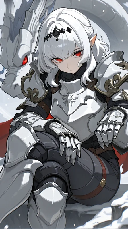 1girl, solo, looking_at_viewer, bangs, hair_ornament, red_eyes, sitting, closed_mouth, braid, white_hair, pointy_ears, medium_hair, armor, crossed_legs, shoulder_armor, gauntlets, pauldrons, breastplate, snowing, dragon, grey_theme