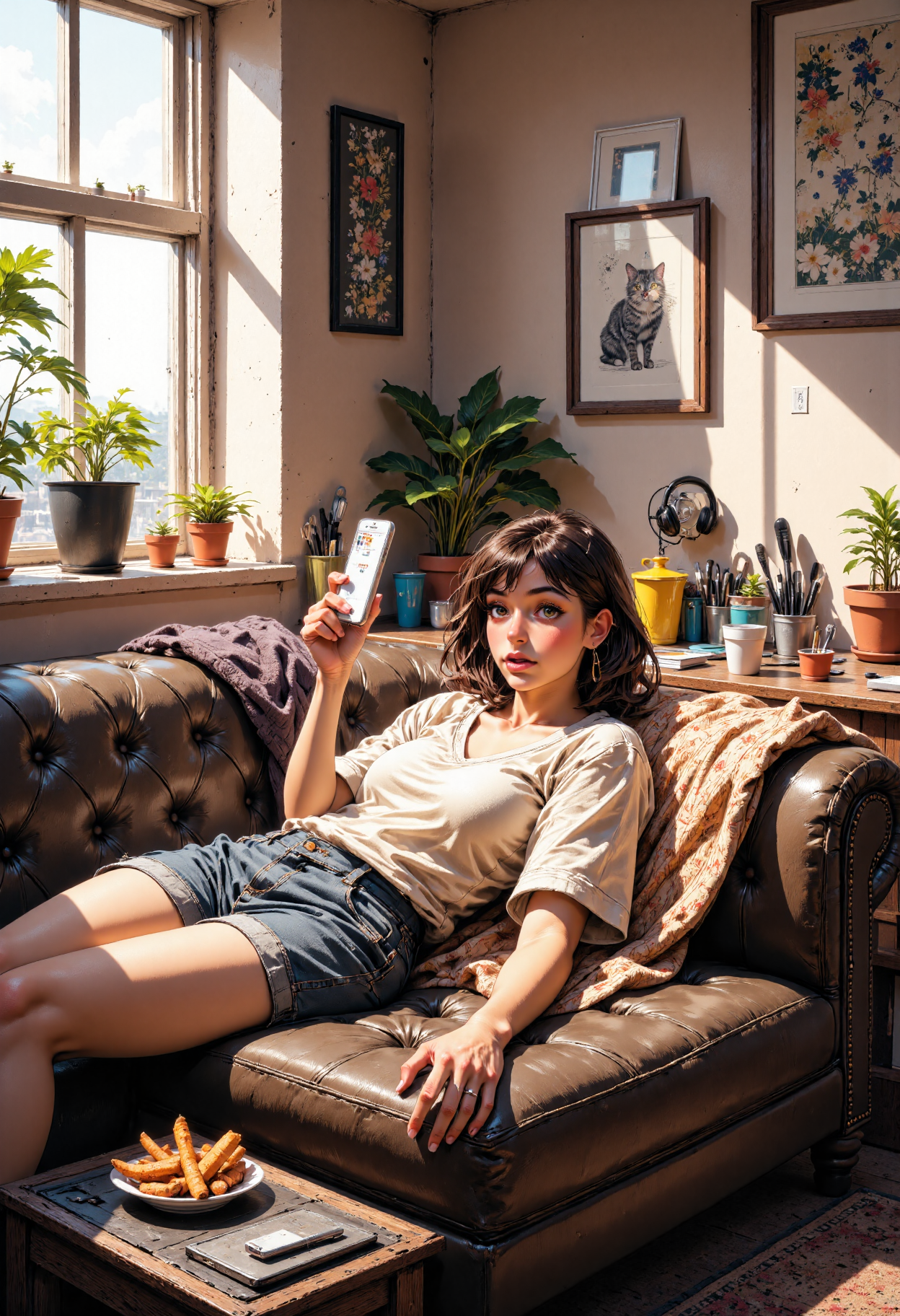 A young woman, lying on a couch in a cozy, slightly cluttered room.  She's looking down, surprised, holding a phone.  The couch and walls have a muted, warm palette;  browns, grays, and muted pinks.  The room is sunny with a window visible, showing a light, pastel background. Various plants, including potted ones, sit on windowsills and furniture.  A small portable fan is visible, blowing on a faint, ghostly wispy shape of a cat, evoking a sense of warmth and relaxation, with a slight surreal aspect, likely digital painting style, not hyperrealistic; more impressionistic, watercolor like, or soft digital painting.  A tray with food, drinks, and other small items sits on a small table. The clothing is simple, including a light colored t-shirt and shorts, contributing to the relaxed feel of the scene.  There's a patterned blanket on the couch, and some other small details like jars, headphones, and a small shelf with household items.  Include soft lighting, and shadows to suggest the sun illuminating the room.  Elements that are faintly visible or transparent, like the ghost of a cat, should be noticeable and slightly blurred.  Focus on showing the whimsical and relaxed mood of the scene with light and color, hinting at a homey, slightly whimsical vibe.<lora:CustomFlux/MysticComic.safetensors:1.0:1.0>
