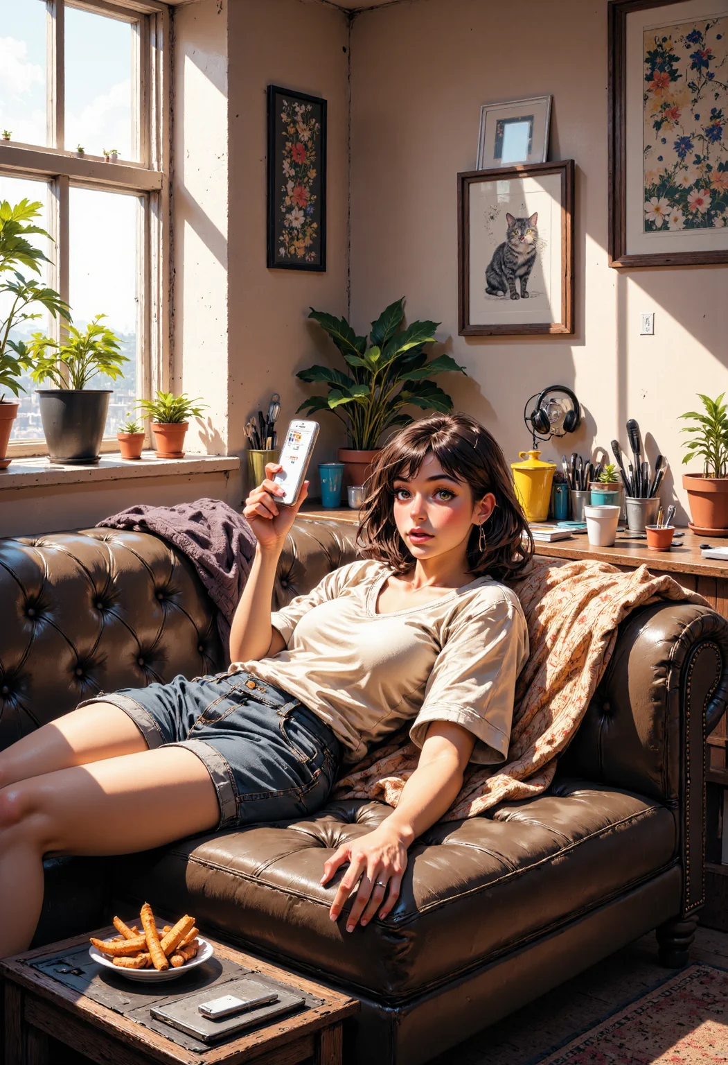 A young woman, lying on a couch in a cozy, slightly cluttered room. She's looking down, surprised, holding a phone. The couch and walls have a muted, warm palette; browns, grays, and muted pinks. The room is sunny with a window visible, showing a light, pastel background. Various plants, including potted ones, sit on windowsills and furniture. A small portable fan is visible, blowing on a faint, ghostly wispy shape of a cat, evoking a sense of warmth and relaxation, with a slight surreal aspect, likely digital painting style, not hyperrealistic; more impressionistic, watercolor like, or soft digital painting. A tray with food, drinks, and other small items sits on a small table. The clothing is simple, including a light colored t-shirt and shorts, contributing to the relaxed feel of the scene. There's a patterned blanket on the couch, and some other small details like jars, headphones, and a small shelf with household items. Include soft lighting, and shadows to suggest the sun illuminating the room. Elements that are faintly visible or transparent, like the ghost of a cat, should be noticeable and slightly blurred. Focus on showing the whimsical and relaxed mood of the scene with light and color, hinting at a homey, slightly whimsical vibe.<lora:CustomFlux/MysticComic.safetensors:1.0:1.0>