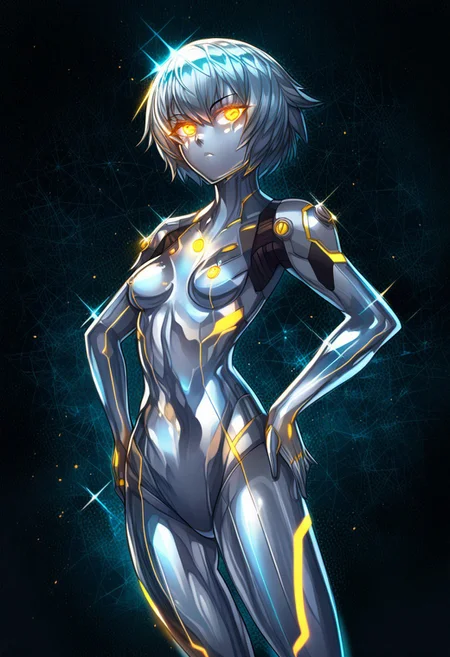 score_9, score_8_up, score_7_up, score_6_up, score_5_up, score_4_up, 2D, ibenz,
BREAK
1girl, liquid mercury, solo,
silver body, short hair, silver hair,
((yellow lines, yellow eyes, glowing eyes)), ((petite, small breasts, short height)),
confident pose, hands on hips,
(cyberspace) black background, blue energy lines, blue code, detailed background,