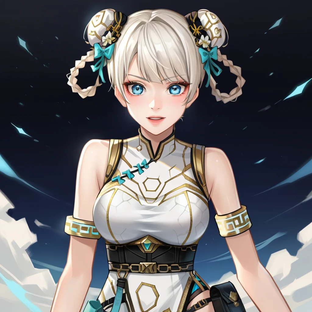 score_9, score_8_up, score_7_up, score_6_up, uncensored, detailed eyes, perfect eyes, extremely detailed CG, extremely detailed face, perfect face, detailed Lora, best quality, source_anime, masterpiece, beautiful eyes, beautiful face, detailed eyes ,high resolution, distinct image BREAK  <lora:CSO_Xiaoming:1>CSO_Xiaoming, 1girl, solo, white hair, short hair, hair bun, double bun, blue eyes, braid,  breasts, white gloves, jewelry, sleeveless, bracelet, armlet, white dress, china dress, holster,, black thighhighs, bare shoulders, thigh boots,  high heels, black footwear,