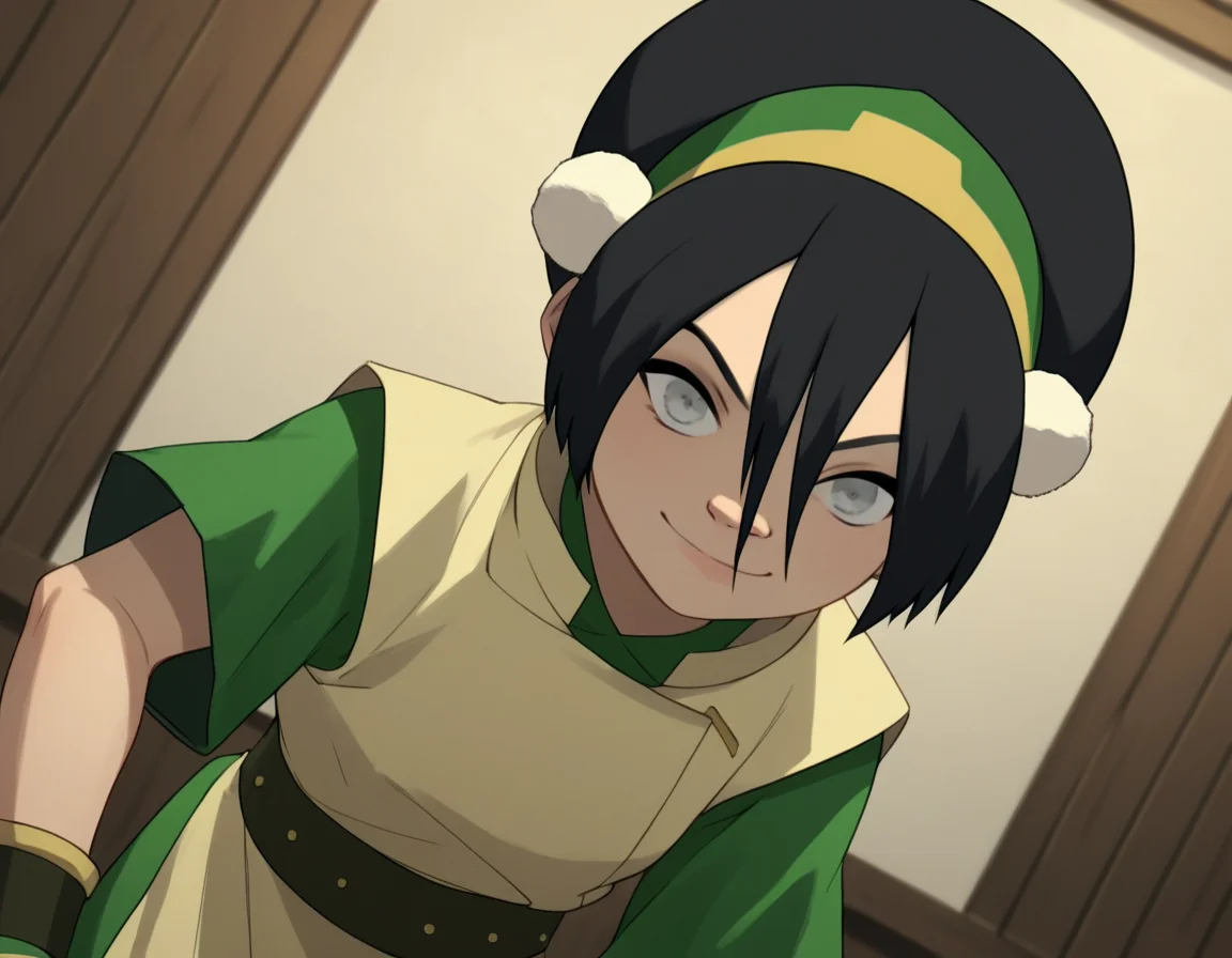 score_9, score_8_up, score_7_up, source_anime, <lora:toph-beifong-book2-ponyxl-lora-nochekaiser:1>, toph beifong, black hair, hairband, blind, grey eyes, hair between eyes, short hair,, shirt, green shirt, vest, belt, short sleeves,, indoors, bent over, smile, looking at viewer, solo, cowboy shot, dutch angle