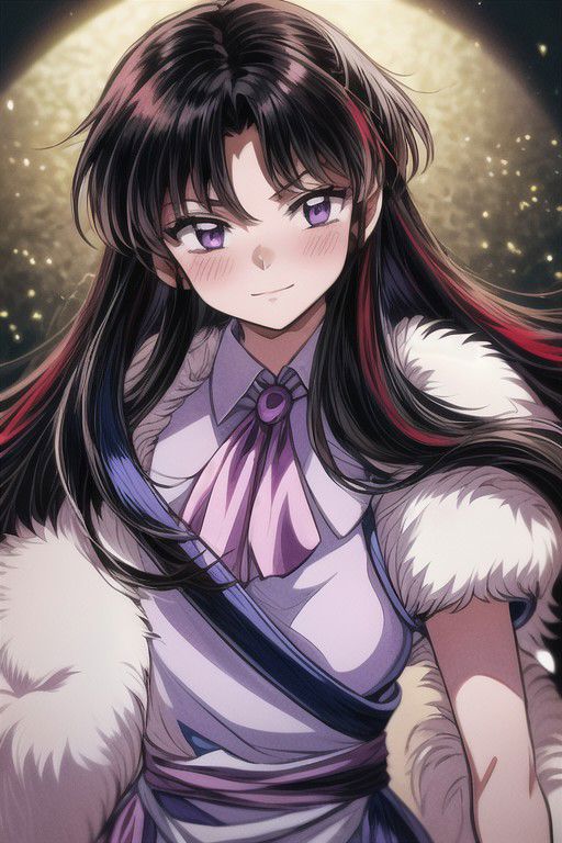 masterpiece,  best quality 1girl Setsun4 solo long hair,  (night time) forest background black hair very long hair purple eyes multicolored hair armor (fur trim) (medium body),<lora:EMS-179-EMS:0.800000>,<lora:EMS-293862-EMS:0.800000> bow, hair_bow, hair_tubes, red_bow, brown_hair, long_hair, bangs, ascot, frilled_bow, yellow_ascot, blush, smile, hair_between_eyes, athletic, armor