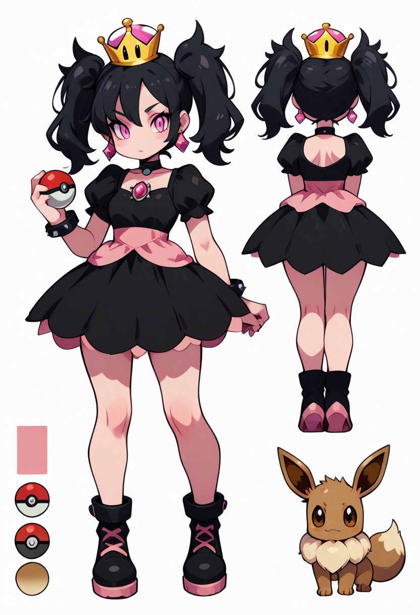 CharacterDesignIllustrious, reference sheet, simple white background, color guide, (multiple views), (full body), dynamic pose,
,,,
cute girl, 
,,,
(eevee), eevee companion, 
zzShadowHimeMarnieCitron, super crown, black hair, twintails, asymmetric bangs, black dress,  pink gemstone, pink waist bow, bangs, dress, jewelry, short sleeves, earrings, choker, black dress, black choker, pokeballs on belt, holding pokeball, pokemon trainer,