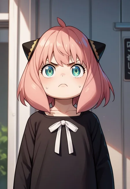 score_9, score_8_up, score_7_up, score_6_up, score_5_up, score_4_up, an_ya, pink hair, standing, child, pointing at viewer, determined face, OverallDetail, fFaceDetai, black dress