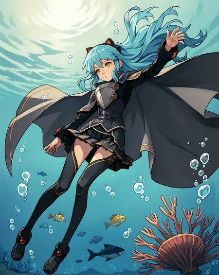 score_9, score_8_up, score_7_up, score_6_up, score_5_up, score_4_up, BREAK, solo, ocean, underwater, diving,
<lora:tio1-000018:0.9>, tioplato, long hair, blue hair, yellow eyes, tiozero, fake animal ears, skirt, cape, armor, thighhighs,