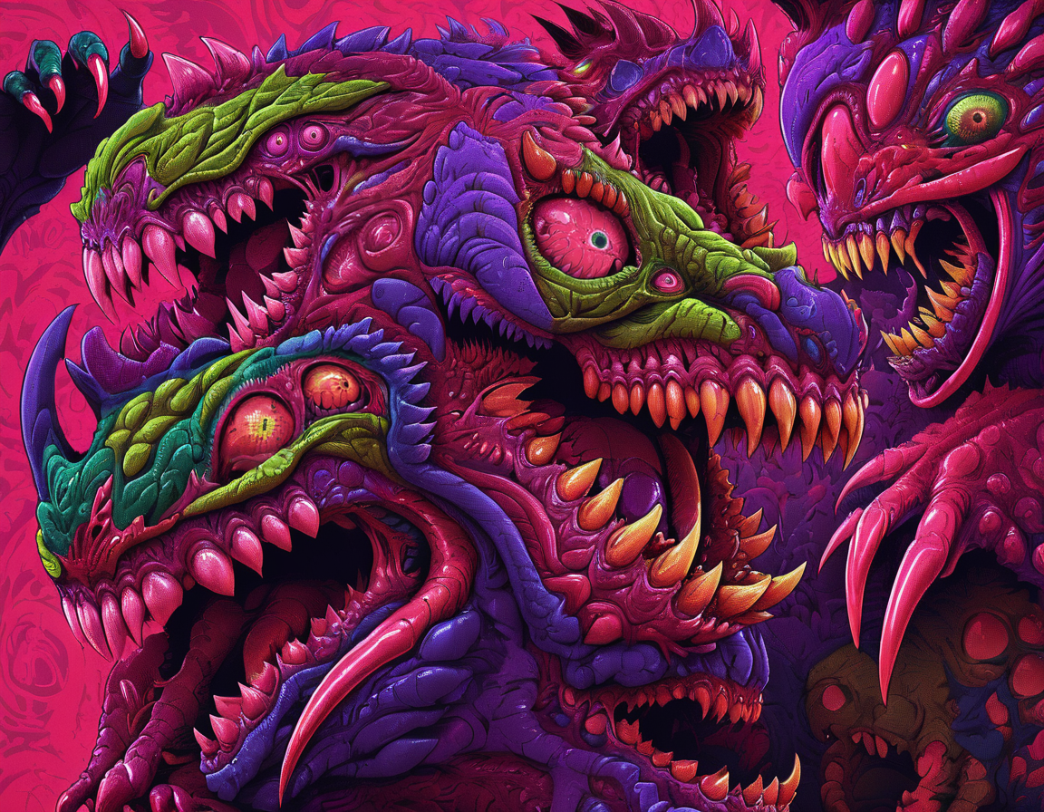 <lora:brho:0.6>brho, hyperbeast, claws, sharp teeth, multiple different faces, pink green spiral background