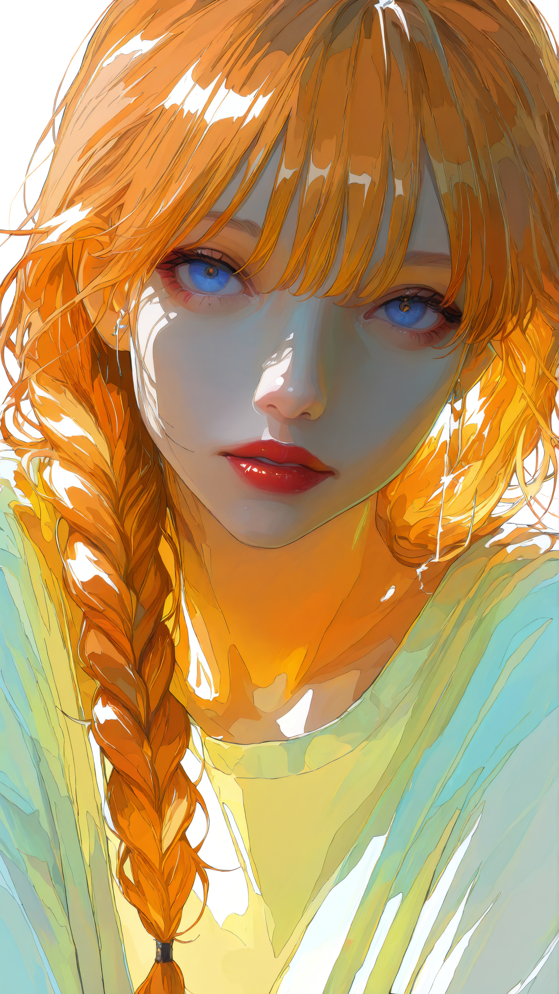 masterpiece, newest,absurdres,incredibly absurdres, best quality, amazing quality, very aesthetic, realistic, ligne claire, 
1girl, uso da, simple white background, orange hair, single braid, red lips, blue eyes, 
 <lora:Face_Enhancer_Illustrious:0.6> <lora:HassaKu_style:1> realistic, HassaKu_illu