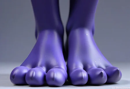 tox_lowkey, barefoot, purple feet, blue soles, 3 toes, standing, foot focus, close-up