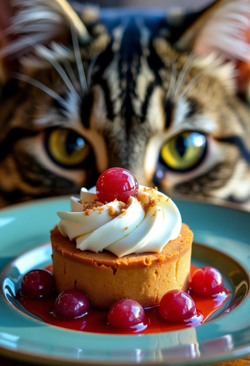 An macro shot of a desert on a centered plate with big wet cat's eyes behind it looking at the food which is reflected in the eyes.
Vibrant colors, fur details, masterpiece.