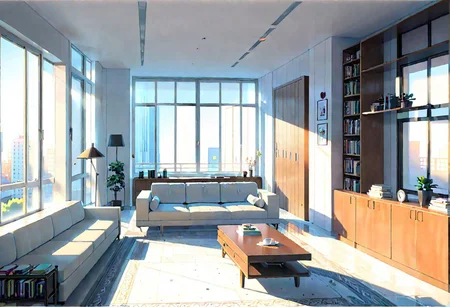 ((front view)), (Close-Up View), (Rule of Thirds), ((animation style)), A room with wide sides and narrow front and back, modern-style interior, with white walls, ((large windows)), a  study, Sofa, coffee table, bookcase, single wall, 
warm light morning sun, (((City high-rise building scenery))), (clear sky)