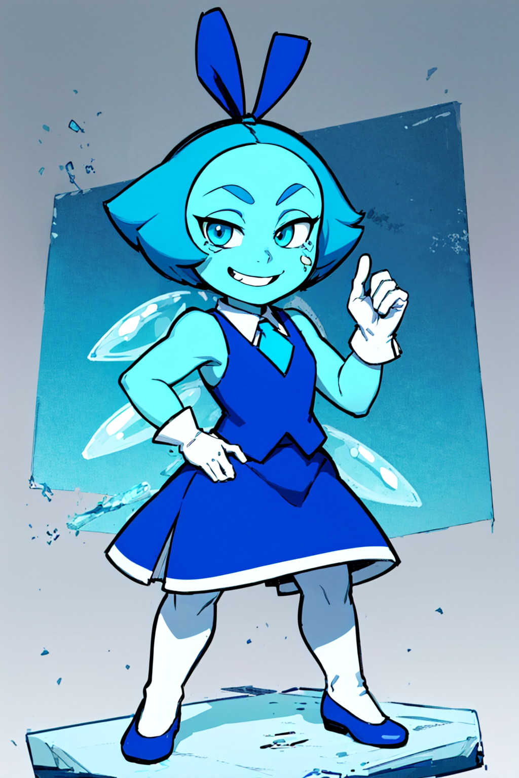 < aquam, blue hair, teardrop facial mark, 1girl, solo, hair bow, blue skin, sleeveless, white gloves, blue skirt, cirno, blue eyes, smile, looking at viewer, short hair, blue footwear,blue crystal,standing, hand on hip, <lora:aquamarine4:0.7>