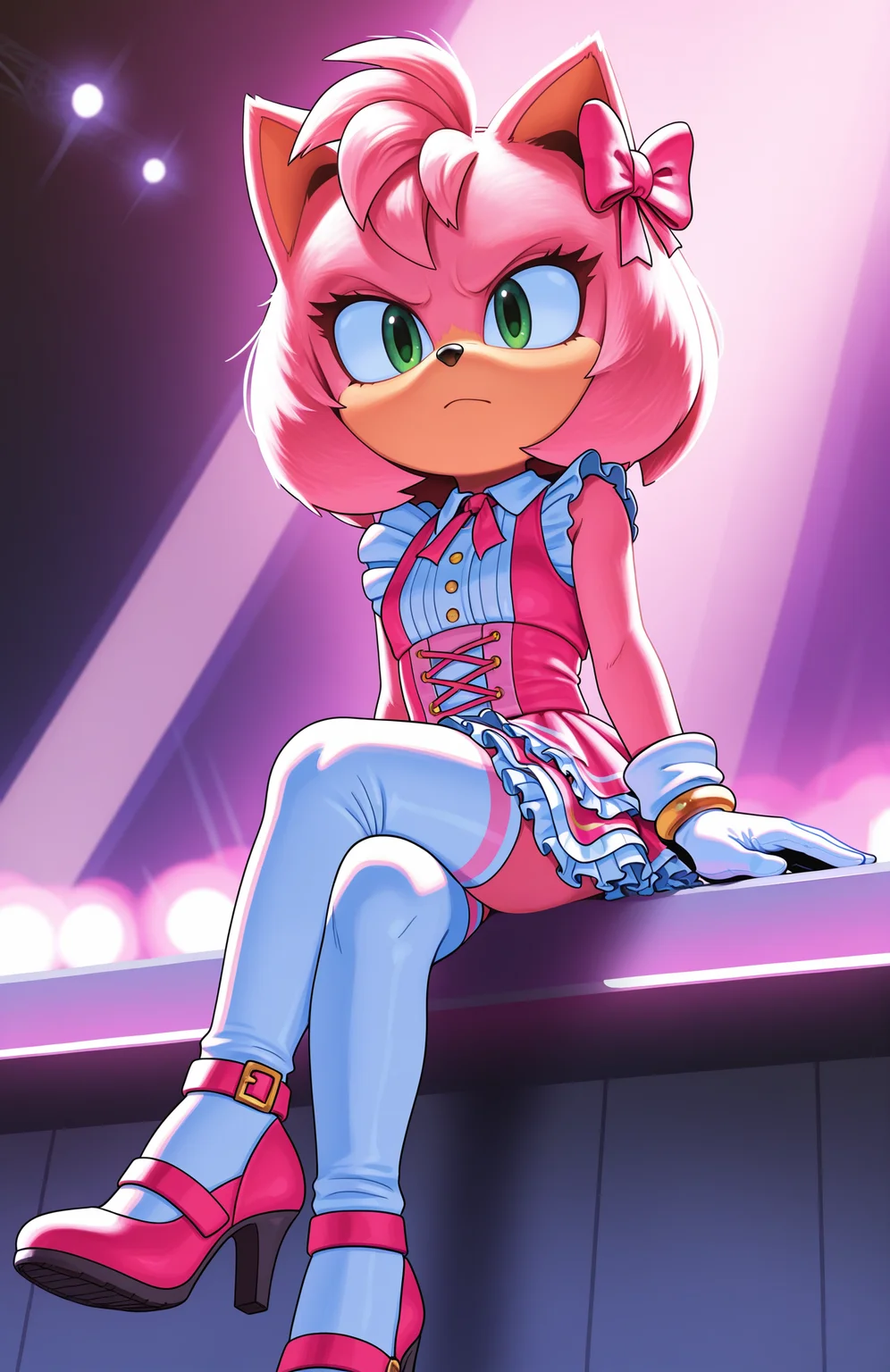 1girl, solo, full body, no humans,
<lora:Movie-Amy_v4-30:1> movieamy, petite, short legs, animal nose, pink fur, green eyes,
sitting, leaning in with focus, intense gaze, energetic posture, dynamic resolve,
idol outfit, frilled dress, thighhighs, heels, gloves, ribbon, hair bow, extremely detailed, highres, masterpiece, best quality