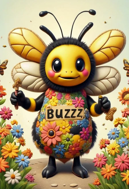 A very happy, friendly-looking anthropomorphic bee surrounded by elegant, colorful flowers, holds a sign reading: "Buzzzz Please!"
ptchkrawk , buzz