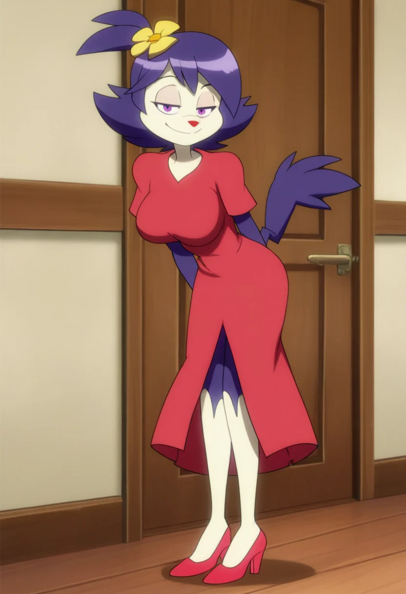 masterpiece, best quality, absurdes, 1girl, solo, full body,
(source_cartoon),
<lora:Dot Warner - Anime Dot (NoobAI):0.8>
Anime_Dot, purple hair, hair flower, violet eyes, tail, furry female, animal nose,
half-closed eyes, smile, mature female, red dress, high heels,
indoors, 
<lora:Detailer_NoobAI_Incrs_v1:0.4> detailed,