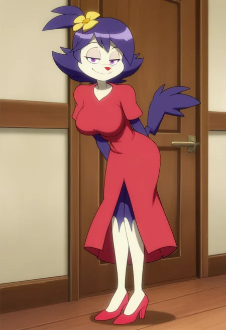 masterpiece, best quality, absurdes, 1girl, solo, full body,
(source_cartoon),
<lora:Dot Warner - Anime Dot (NoobAI):0.8>
Anime_Dot, purple hair, hair flower, violet eyes, tail, furry female, animal nose,
half-closed eyes, smile, mature female, red dress, high heels,
indoors, 
<lora:Detailer_NoobAI_Incrs_v1:0.4> detailed,