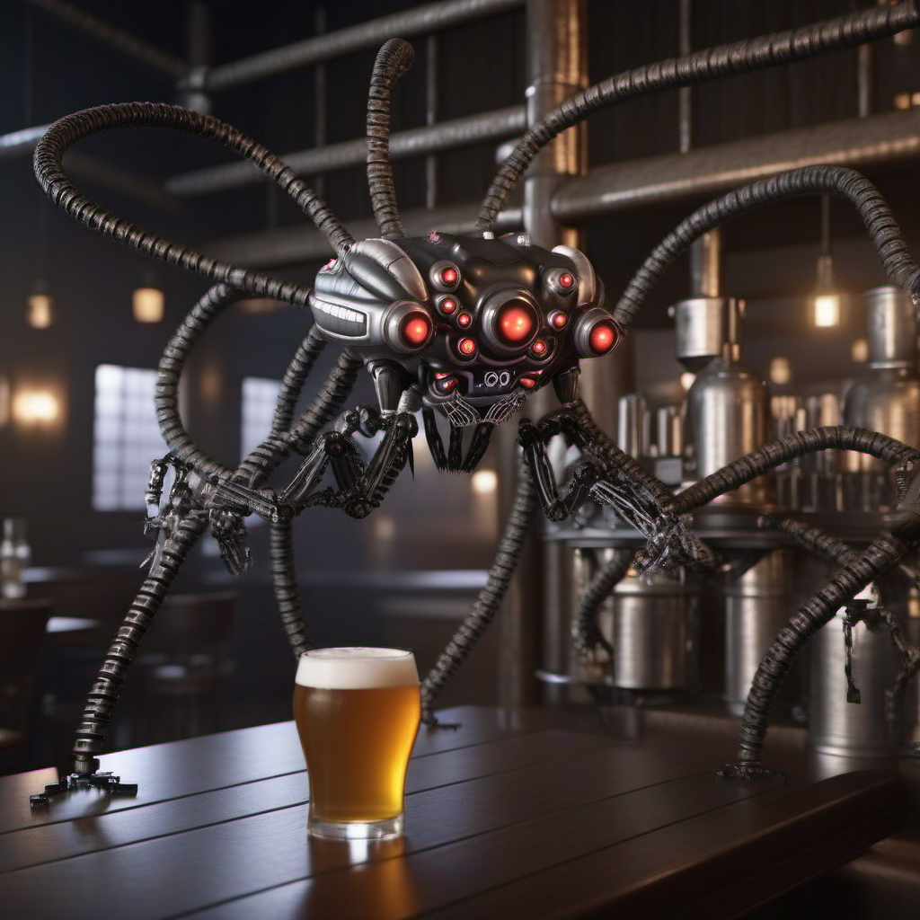 SentinelsMatrix1024, a robot spider having a beer in a pub , highly detailed, photography, ultra sharp, film, bokeh, professional, 64k  <lora:SentinelsMatrix1024:0.8>