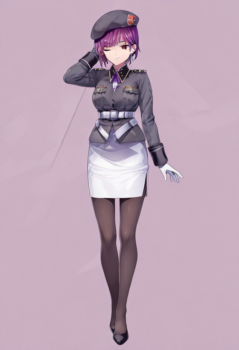 anime, masterpiece, best quality, 1girl, solo, tezuka saki, purple hair, short hair, military uniform, beret, earrings, red eyes, white skirt, pantyhose, belt, white gloves, cowboy shot, full body, one eye closed, close mouth, smile