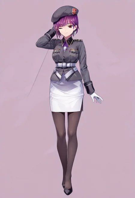 anime, masterpiece, best quality, 1girl, solo, tezuka saki, purple hair, short hair, military uniform, beret, earrings, red eyes, white skirt, pantyhose, belt, white gloves, cowboy shot, full body, one eye closed, close mouth, smile