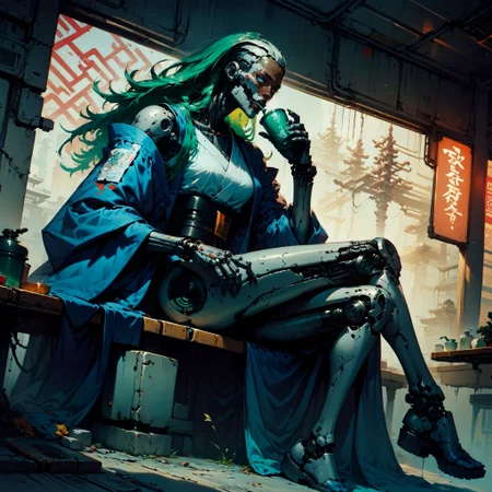 (score_9, score_8_up, score_7_up), (neon lights, cypberpunk city, japanese garden, thick lineart, sharp edges),
BREAK
dutch angle, full body, solo, 1women, blue eyes, blue long hair, dark-skinned female, female focus, robot, cyborg , android, mechanical arms, cyborg, robot joints, mechanical parts, tube, spine, cybernetic neck, bionic torso, bionic skin, kimono, sitting at table, drinking green tea
grim, dark atmospher, science fiction,
<lora:Concept Art Twilight Style SDXL_LoRA_Pony Diffusion V6 XL:0.8> <lora:Bad_Hands_lora:0.8> <lora:add-detail-xl:0.8> <lora:GN_v1.4:0.8>
