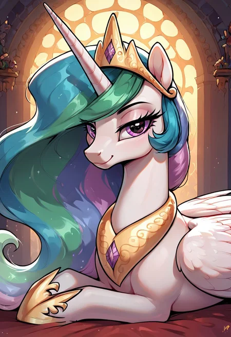 masterpiece, score_9, score_8_up, score_7_up, (best quality:1.1), ultra-detailed, high resolution, 1character, princess celestia, (((beautiful detailed eyes))), Long eyelashes, Looking At Viewer, Highly Visible, (((8k))), Source_anime, feral, pony, alicorn, female, wings, tail, royal, Lounging On Bed On Side, Looking At Viewer, Bedroom Eyes, Smirk, sharp focus, gems, perfect lighting, beautiful eyes, long eyelashes, anatomically correct, extremely detailed, shine on body, high detail, cute face, sensual, smirk, happy facial expression, Expressiveh, detailed background, OverallDetail, zPDXL2