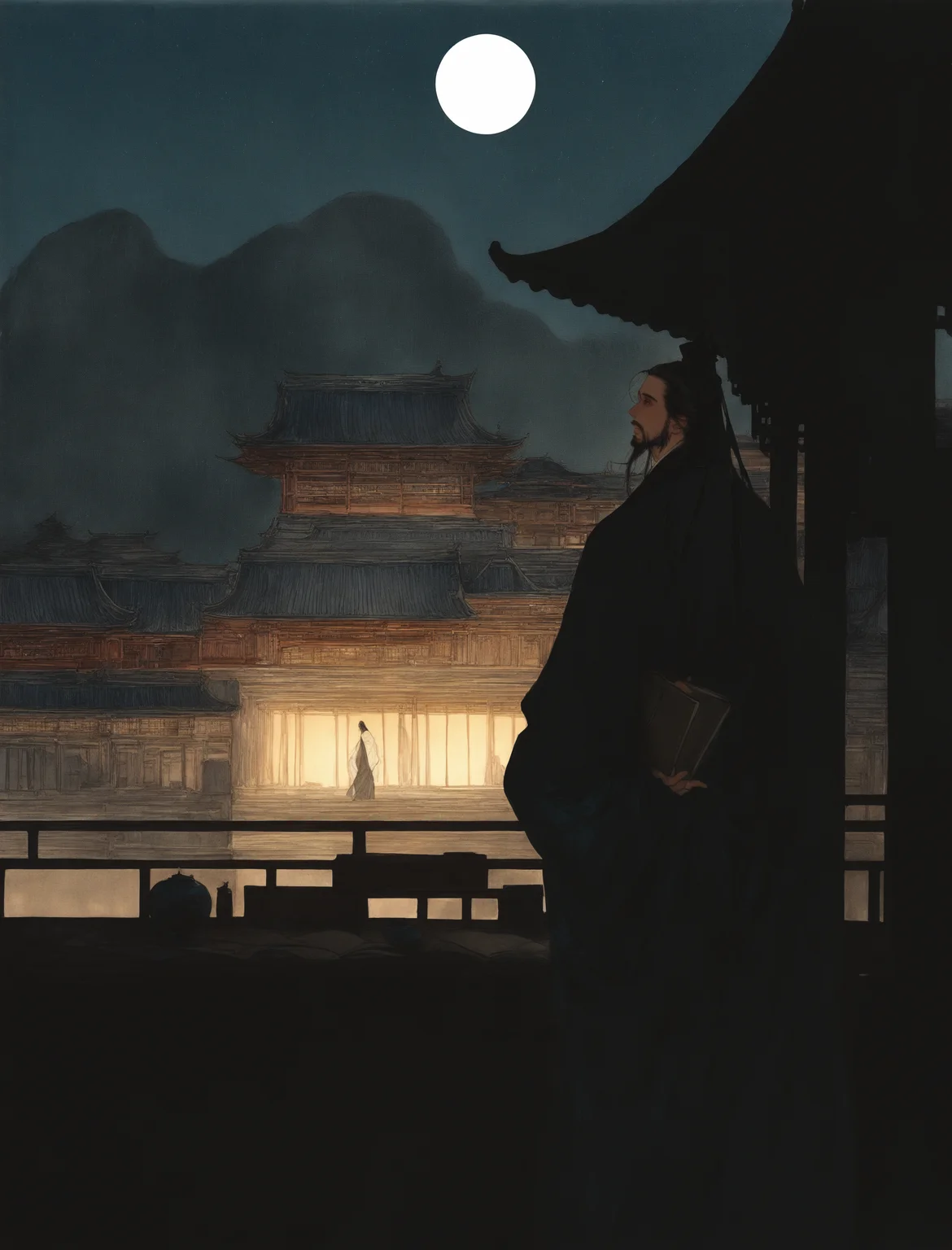 solo, 1male, beard, moon, hanfu, holding book, looking up, back view, east asian architecture, courtyard, desk, shadow, traditional media,
masterpiece, absurdres,
<lora:freehandink_V1:1>