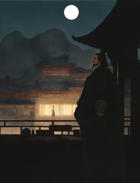 solo, 1male, beard, moon, hanfu, holding book, looking up, back view, east asian architecture, courtyard, desk, shadow, traditional media,
masterpiece, absurdres,
<lora:freehandink_V1:1>