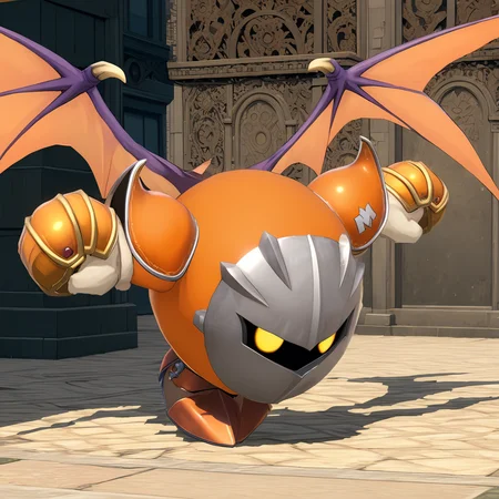 MetaknightXL, mask, yellow eyes, wings,<lora:MetaknightXL:1>, orange outfit, (anime, masterpiece, intricate:1.3), (best quality, hires textures, high detail:1.2), (4k),(incredibly detailed:1.4),UHD, 8K, ultra detailed