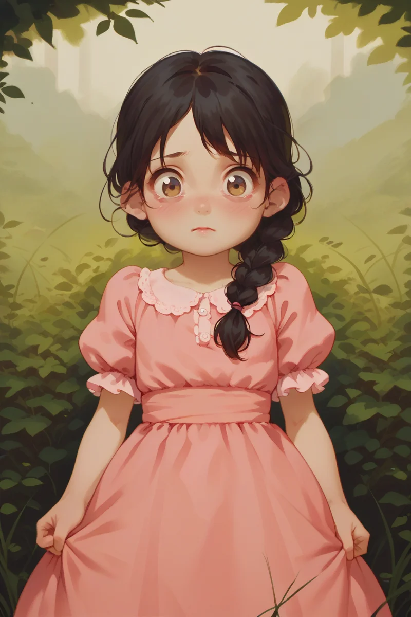score_9,score_8_up,score_7_up,
<lora:alkemanubis_style_pony6_v3:0.8>
1girl, solo, young, child, flat chest, black hair, twin braid, brown eyes, blush, scared, looking at viewer, pink dress, puffy sleeves,