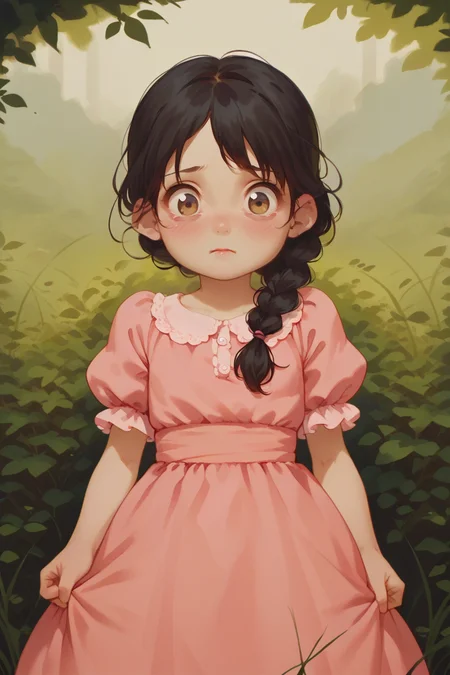 score_9,score_8_up,score_7_up,
<lora:alkemanubis_style_pony6_v3:0.8>
1girl, solo, young, child, flat chest, black hair, twin braid, brown eyes, blush, scared, looking at viewer, pink dress, puffy sleeves,