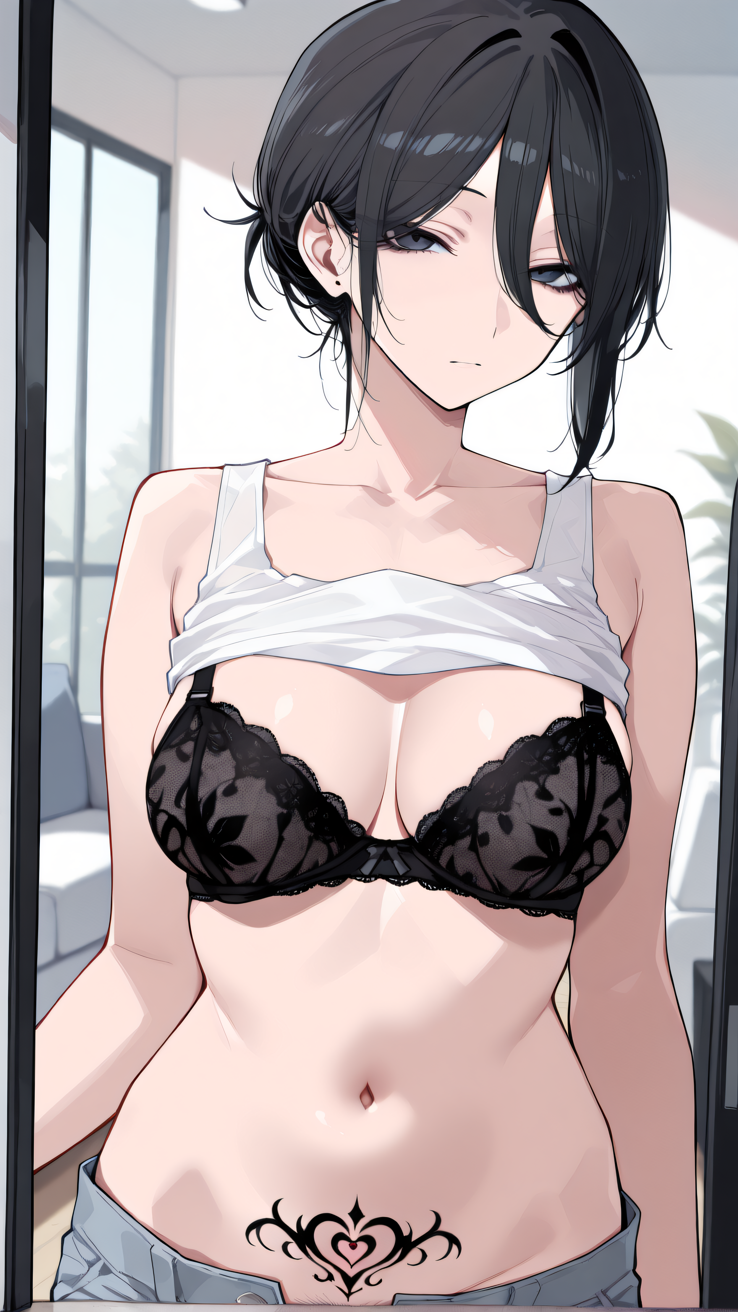 1girl, solo,beautiful detailed eyes, single hair bun, hair bun, short hair,  hair between eyes,black hair,black eyes, looking at viewer,,(medium breasts),



jeans, bare shoulders,white tank top,navel,


crotch tattoo, pubic tattoo, tattoo,jeans, bare shoulders, tank top, black lace bra, open fly,shirt lift, navel,living room, glass doors, morning,
﻿























masterpiece,best quality,amazing quality,highres, 




