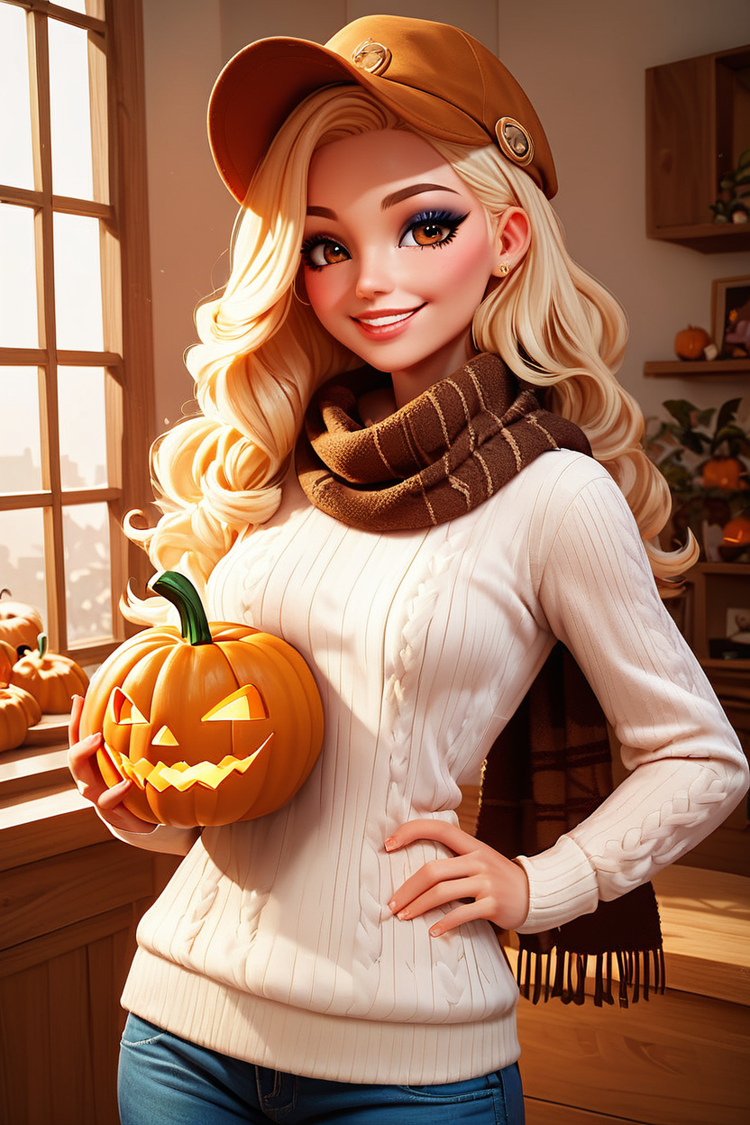 score_9, score_8_up, score_8, medium breasts, (curvy), cute, eyelashes,  BREAK,  1girl, solo, long hair, looking at viewer, blonde hair, long sleeves, hat, brown eyes, parted lips, pants, holding pumpkin, indoors, brown scarf, sweater, lips, hand on hip, makeup, white headwear, upper body, white sweater,  warm colors, cozy,  BREAK, smile, looking at viewer,   embedding:zPDXL, Expressiveh,  <lora:BeautifulCAT_PDXL:0.8>, <lora:SDXLFaeTastic2400:0.5>,  <lora:Expressive_H-000001:0.4>,